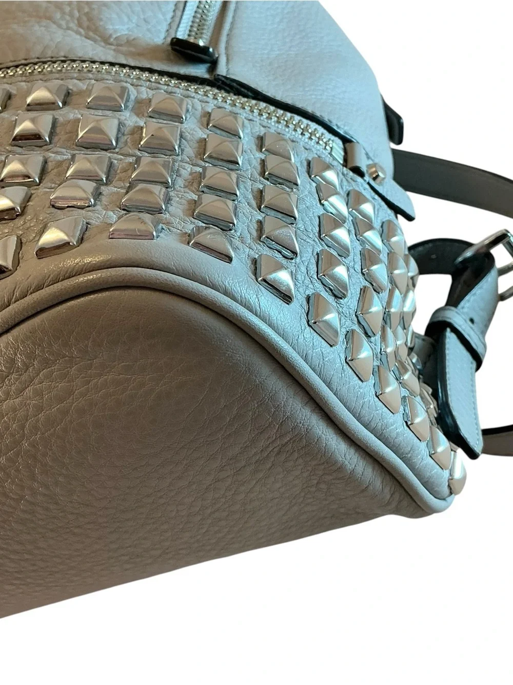 MICHAEL KORS Rhea Zip Studded Backpack Pebbled Leather Bag Pearl Gray- 12